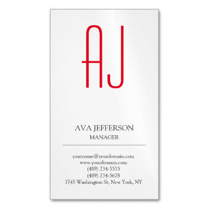 Modern plain vertical simple white red monogram Magnetic business card
