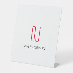 Modern plain vertical simple white red monogram pedestal sign