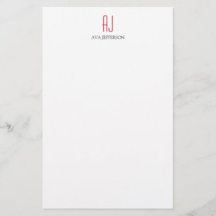 Modern plain vertical simple white red monogram stationery
