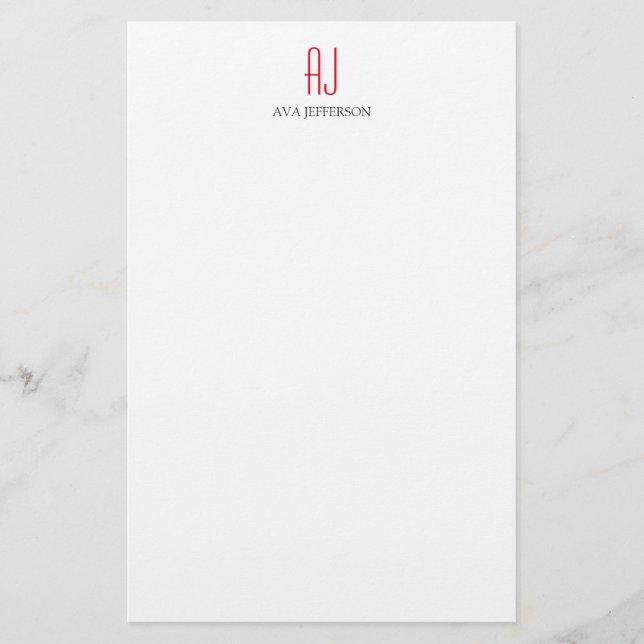 Modern plain vertical simple white red monogram stationery (Front)