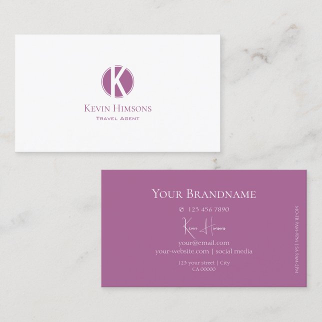 Modern Plain White and Lilac with Monogram Stylish Business Card (Front/Back)