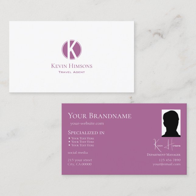 Modern Plain White Lilac with Monogram and Photo Business Card (Front/Back)