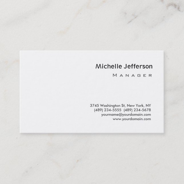 Modern Plain White Manager Business Card (Front)