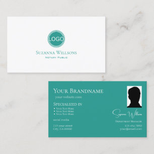 Modern Plain White Teal Circle with Logo and Photo Business Card
