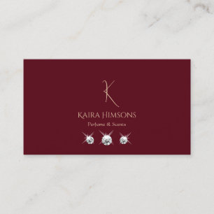 Modern Plain Wine Red with Monogram and Jewels Business Card