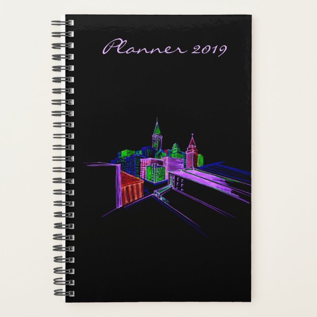 Modern Planner 2019 Black Vibrant City Art (Front)
