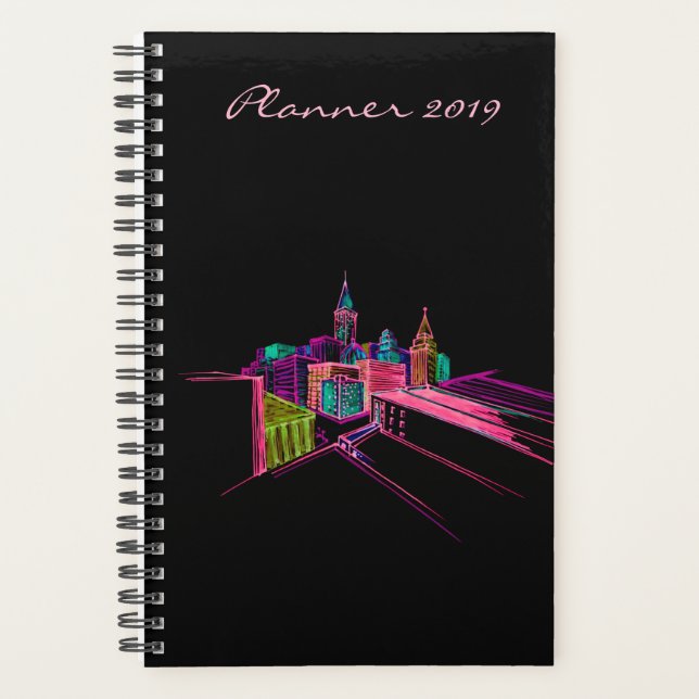 Modern Planner 2019 Black Vibrant City Art (Front)