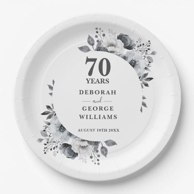 Modern Platinum 70th Wedding Anniversary Botanical Paper Plate (Front)