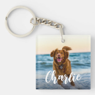 Modern Playful Chic Dog Photo Name Key Ring