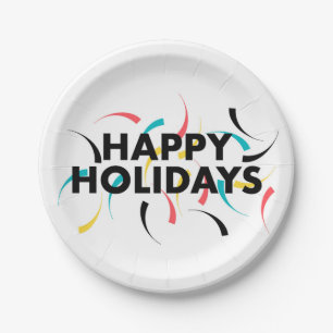 Modern, playful design of  "Happy Holidays" Paper Plate