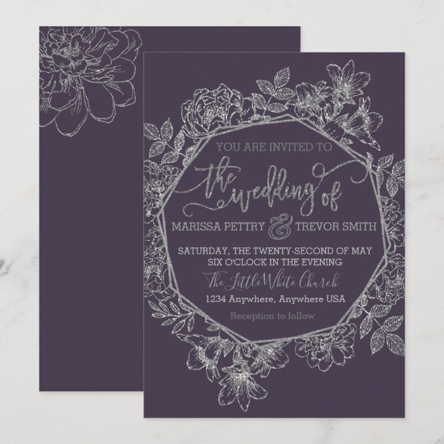 Modern Plum, Dark purple  & Silver floral Wedding Invitation (Front/Back)