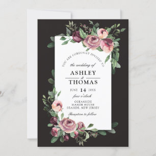 Modern Plum Floral Greenery Watercolor Wedding Invitation