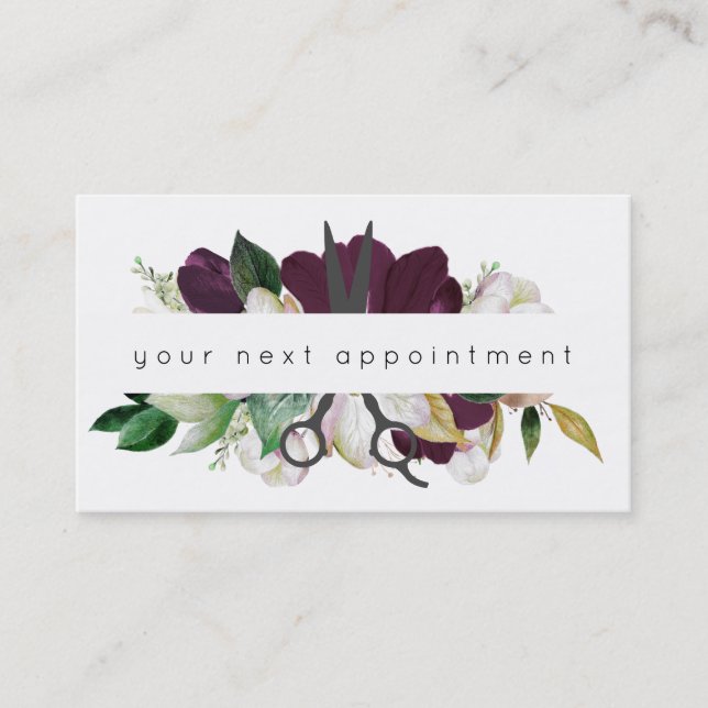 Modern Plum Floral Salon Scissors Logo Appointment Business Card (Front)
