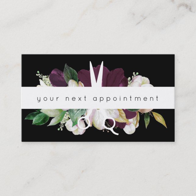 Modern Plum Floral Salon Scissors Logo Appointment Business Card (Front)