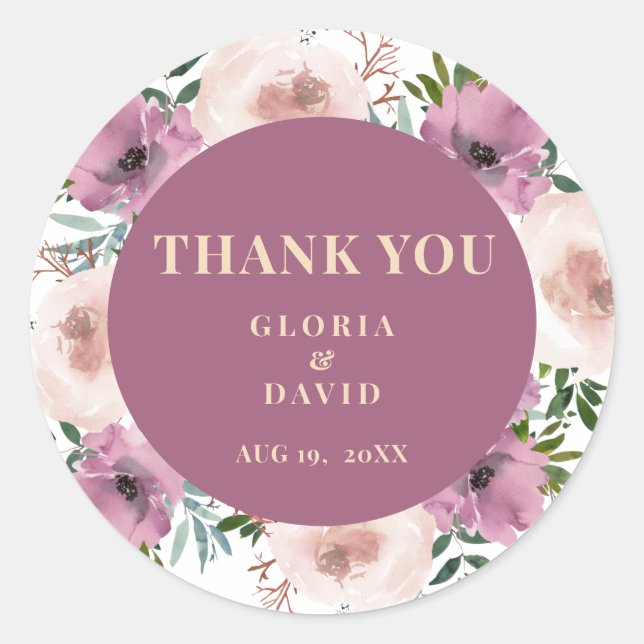Modern Plum Floral Wedding  Classic Round Sticker (Front)