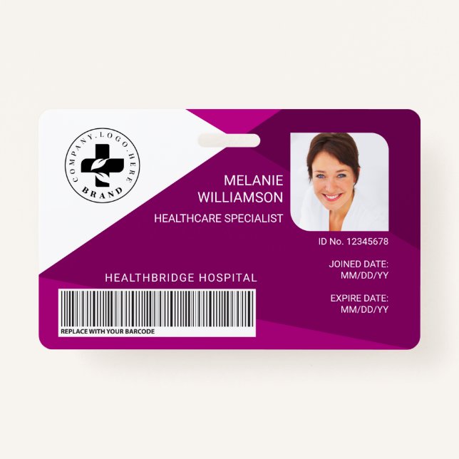 Modern Plum Geometric Design Medical Photo ID/Logo ID Badge (Front)