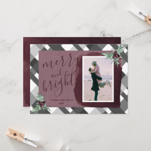 Modern Plum Grey Tartan Photo Family Christmas Card