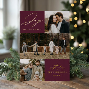 Modern Plum Joy to the World 4 Photo Foil Holiday Card