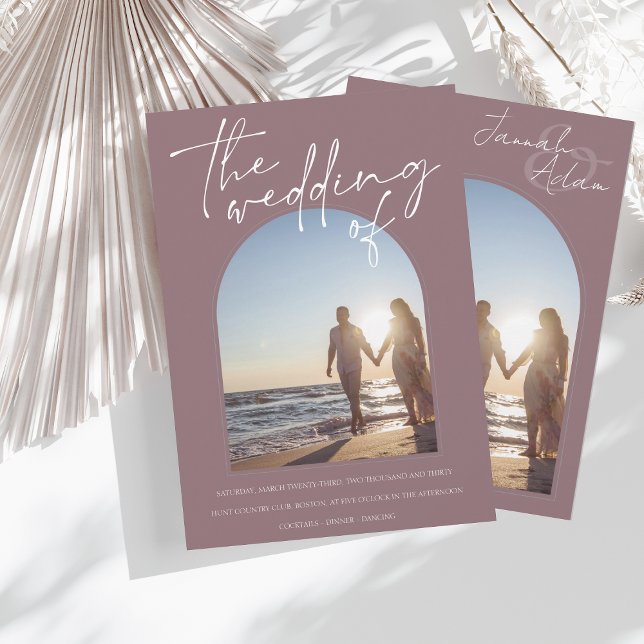 Modern Plum Purple Arch Initial Photo Wedding Invitation (Creator Uploaded)