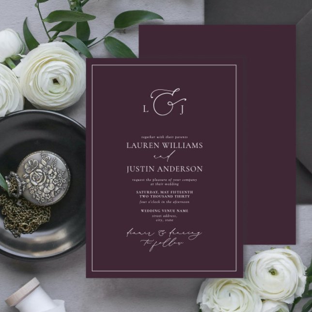 Modern Plum Purple Calligraphy Monogram Wedding In Invitation (Creator Uploaded)