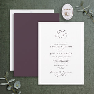 Modern Plum Purple Calligraphy Monogram Wedding Invitation