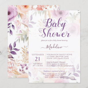 Modern Plum Purple Floral Baby Shower Invitation