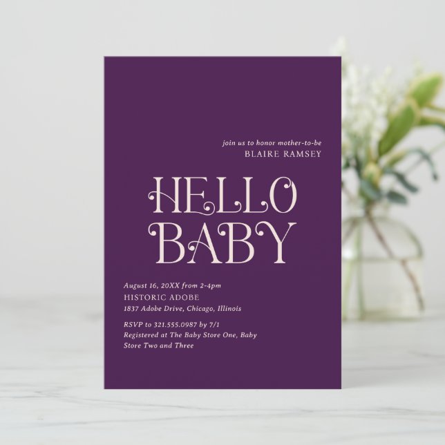 Modern Plum Purple Girl Bold Elegant Baby Shower Invitation (Standing Front)