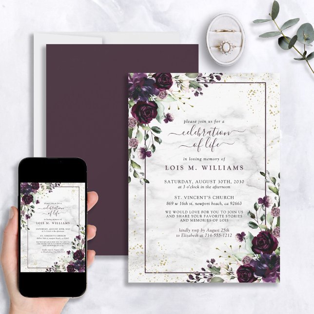 Modern Plum Purple Gold Marble Celebration of Life Invitation (Creator Uploaded)