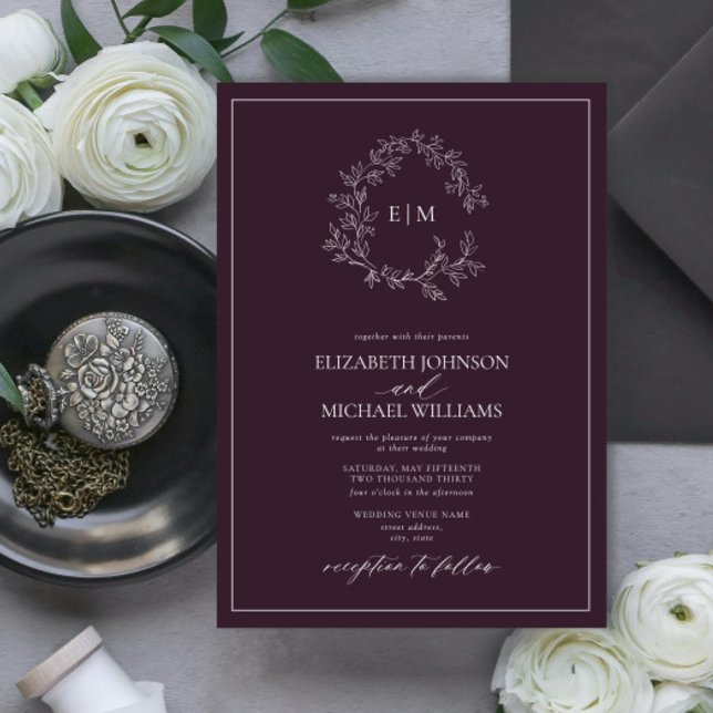 Modern Plum Purple Leafy Crest Monogram Wedding Invitation (Creator Uploaded)