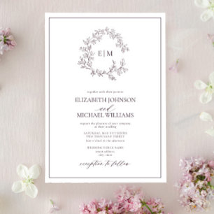 Modern Plum Purple Leafy Crest Monogram Wedding Invitation