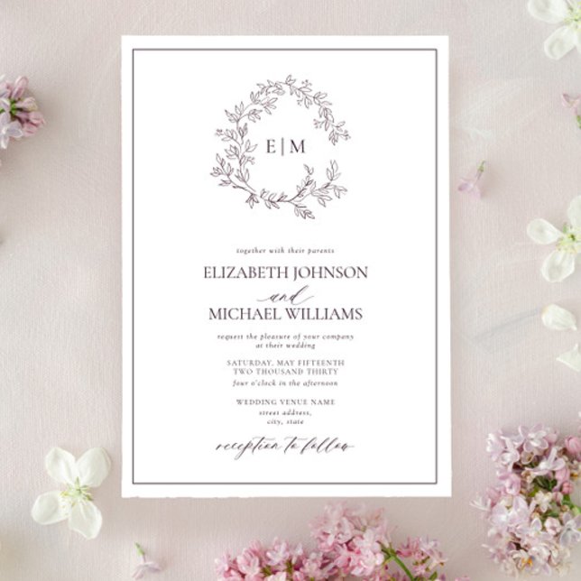 Modern Plum Purple Leafy Crest Monogram Wedding Invitation (Creator Uploaded)