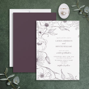 Modern Plum Purple Line Art Floral Wedding Invitation