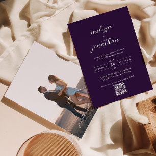 Modern Plum Purple Photo Script QR Code Wedding Invitation