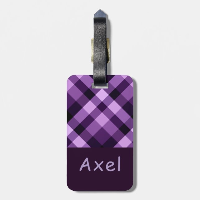 Modern Plum Purple Plaid Monogram Luggage Tag (Back Vertical)