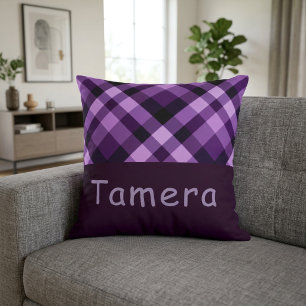 Modern Plum Purple Plaid Monogram Throw Pillow