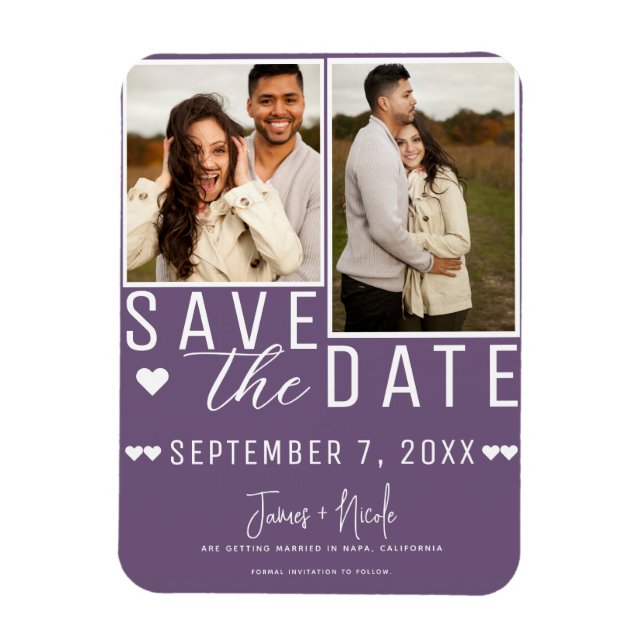 Modern Plum Purple Save the Date 2 Photo Wedding Magnet (Vertical)