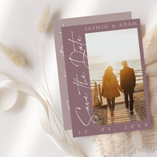 Modern Plum Purple Script Photo Wedding Save The Date (Creator Uploaded)