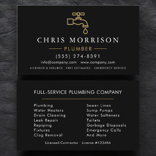 Modern Plumber Black Gold Minimalist Business Card