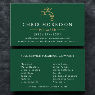 Modern Plumber Green Gold Minimalist Business Card