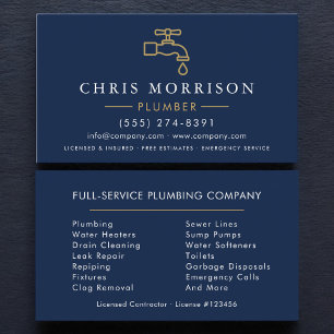 Modern Plumber Navy Blue Gold Minimalist Business Card