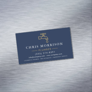 Modern Plumber Navy Blue Gold Minimalist Magnetic Business Card