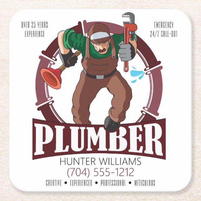 Modern Plumber Professional Marketing Handyman Square Paper Coaster (Front)