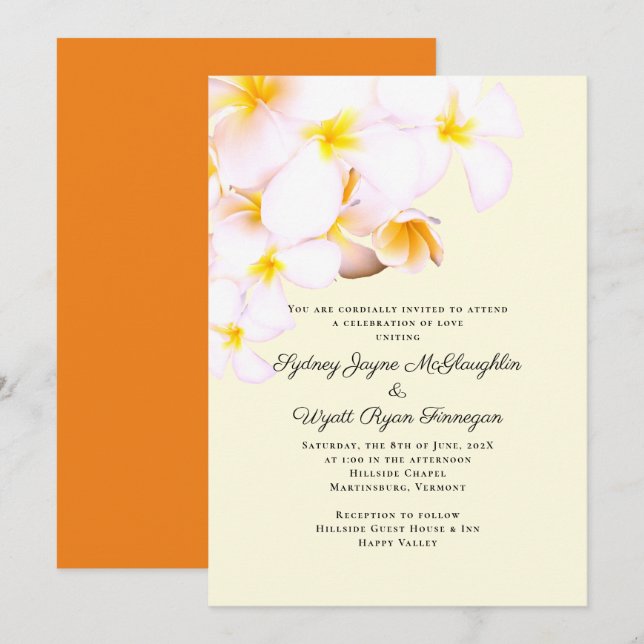 Modern Plumeria Hawaiian Flowers Yellow Wedding Invitation (Front/Back)