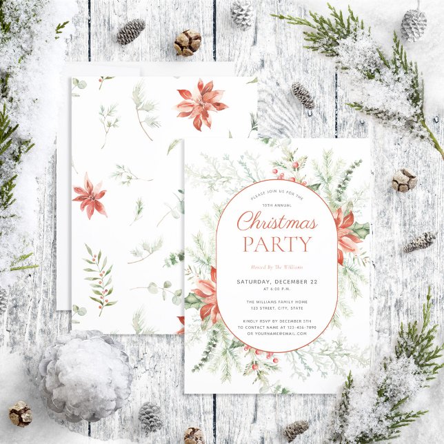 Modern Poinsettia Berry Greenery Christmas Party Invitation (Creator Uploaded)