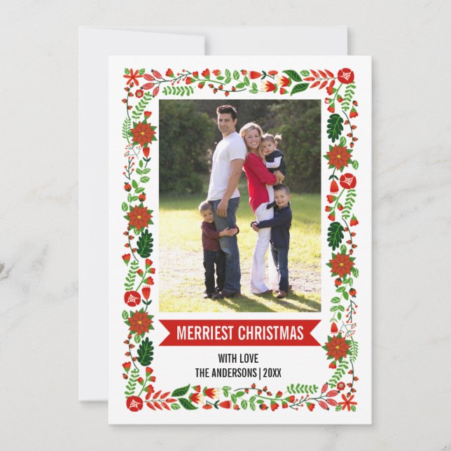 Modern poinsettia border Christmas photo Holiday Card (Front)