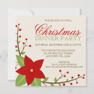 Modern Poinsettia Christmas Holiday Dinner Party Invitation