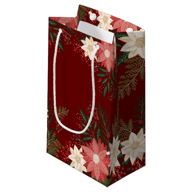 Modern Poinsettia Christmas Maroon Painted Party Small Gift Bag (Front Angled)