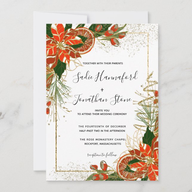 Modern Poinsettia Citrus Winter Wedding Invitation (Front)