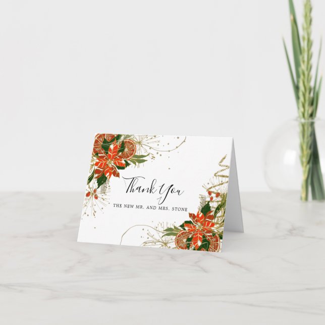 Modern Poinsettia Citrus Winter Wedding Photo Thank You Card (Front)