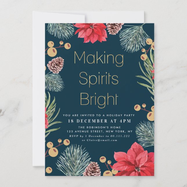 Modern poinsettia floral Blue holiday party Invitation (Front)